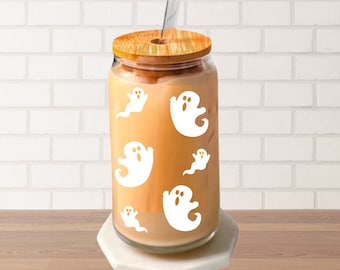 Halloween Glass Can, Ghost Glass Cup, Iced Coffee Glass for Spooky Season, 16 oz Beer Can Glass with Bamboo Lid, Fall ghost Coffee Glass