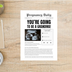 Plantilla de periódico grande para anunciar el embarazo, anuncio de bebé personalizable en Canva, baby shower en periódico, descarga digital editable = abuela