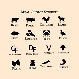 Peut inclure: Autocollants de choix de repas en noir et blanc avec des ic&ocirc;nes repr&eacute;sentant diff&eacute;rents types d'aliments, notamment du b&oelig;uf, du porc, du poulet, de l'agneau, du poisson, du homard, du crabe, du canard, sans gluten, sans produits laitiers, v&eacute;g&eacute;talien, champignon, p&acirc;tes, enfants, v&eacute;g&eacute;tarien et crevettes.