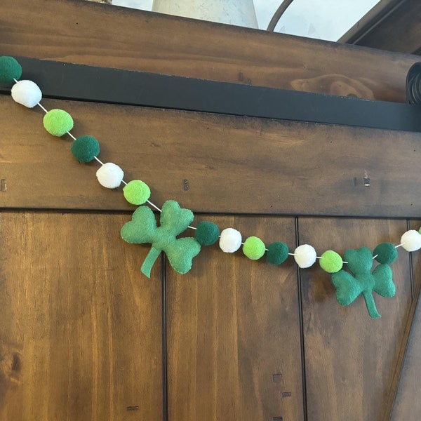 St. Patrick's Day Decor Shamrock Garland- 1" Felt Balls, 2" Shamrocks- Green White- Spring Mantle Shelf, Leprechaun Home Decor- 100% Wool