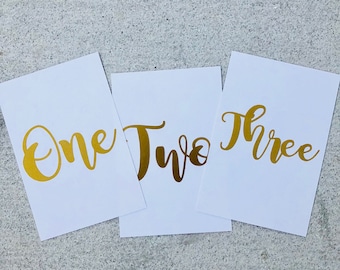 Custom table numbers, classic table numbers, caligraphy table setting, gold table numbers, custom table numbers, gold and white table number
