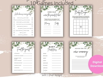 Greenery Baby Shower Games Bundle, Foliage Baby Shower Games, Customize Bundle, Name and Questions, Printable Baby Shower Games, Eucalyptus