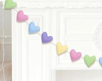Pastel Rainbow Heart Garland | Felt Heart Garland | Felt Heart Pom Garland | Nursery Wall Decor | Pastel Rainbow Felt Hearts