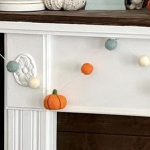Fall Felt Pumpkin Garland Home Decor- Brown Teal Tan- Mantle Banner Autumn Shelf Thanksgiving Halloween Party- 1&quot; Balls,1.75&quot; Pumpkins