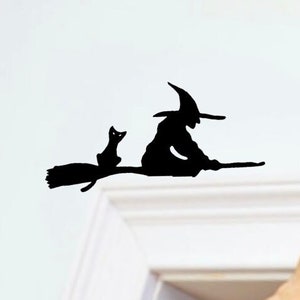 Halloween Door Corner Sign, Witch Halloween Decor, Halloween Witch Sign, Fall Decor, Witch on broom, door topper, halloween door decal,witch