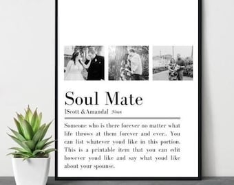 Wedding Gift for Him Her, Memorable Gift for Partner, Valentines Gift for Her Him, Soulmate definition, Personalised Couple Picture Collage