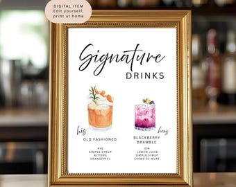 Letrero de cóctel de autor, Letrero de bebida de autor, Menú de bar, Letrero de bebidas para bodas, Bebidas para él y para ella, Bebida para los novios, Plantilla editable