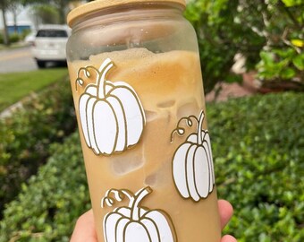 Pumpkin Glass Can Coffee Cup With Lid and Straw, Fall Coffee Mug, Fall Season Gift Pumpkin Season Design Iced Coffee Cup, 16oz Glass Can Cup