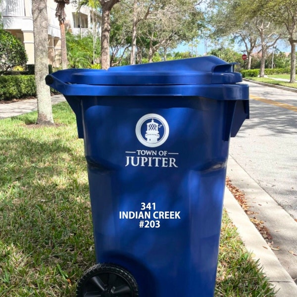 THE ORIGINAL JUPITER Personalized Custom Trash Bin / Wheelie Bin Address Name and Number Decal Stickers, Garbage Bin Decals, Garbage can