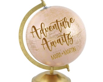 8" pink globe, pink and gold globe, adventure awaits, anniversary gift globe, globe guestbook, globe decor, custom globe, wedding globe.pink