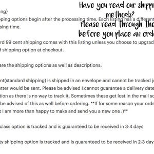 May include: Text explaining shipping options and methods for an Etsy shop. The text includes information about standard shipping, first class shipping, and priority shipping. The text also includes information about tracking and delivery times.