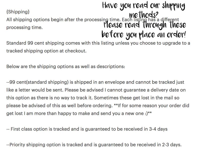 May include: Text explaining shipping options and methods for an Etsy shop. The text includes information about standard shipping, first class shipping, and priority shipping. The text also includes information about tracking and delivery times.