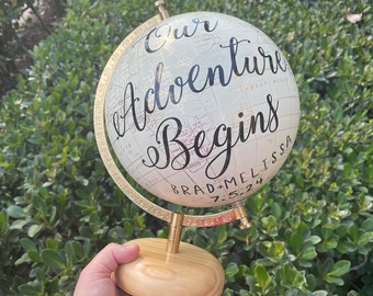 Alternative au livre d'or de 20 cm pour mariage, globe de dédicace, notre aventure commence, globe terrestre doré calligraphie personnalisée, décoration de bureau, blanc