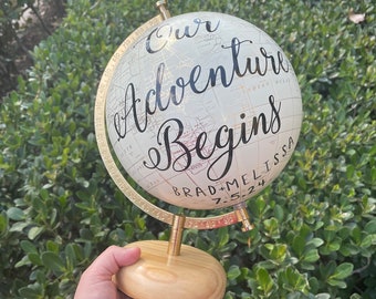 8" Globe Guest Book Alternative for Wedding, Signing Globe, Our Adventure Begins, Custom Calligraphy Gold World Globe, Office Decor, White