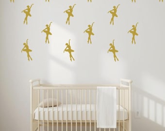 Mid Century Modern,Ballerina Decal, Ballerina nursery, 1950s Atomic Age Style, Metallic Gold Sparkles,Starry Sky Nursery Decor-25 ballerinas