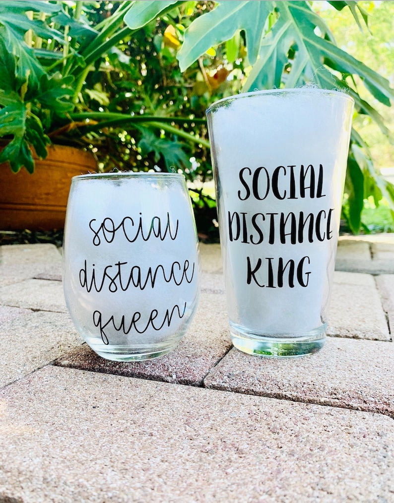 Social distance couple, social distance queen, social distance king, social distancing, quarantine wine glass,social distance set,wine glass image 1