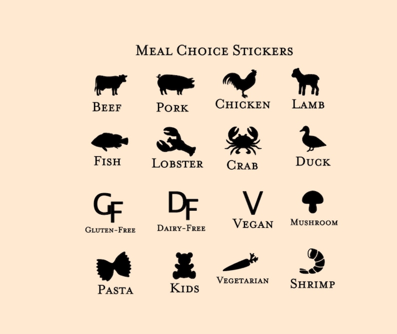 Peut inclure: Autocollants de choix de repas en noir et blanc avec des ic&ocirc;nes repr&eacute;sentant diff&eacute;rents types d'aliments, notamment du b&oelig;uf, du porc, du poulet, de l'agneau, du poisson, du homard, du crabe, du canard, sans gluten, sans produits laitiers, v&eacute;g&eacute;talien, champignon, p&acirc;tes, enfants, v&eacute;g&eacute;tarien et crevettes.
