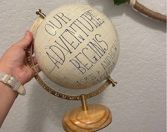 8" Globe Guest Book Alternative for Wedding, Signing Globe, Our Adventure Begins, Custom Calligraphy Gold World Globe, Office Decor, White