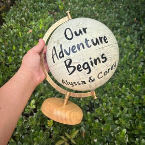 8&quot; Globe Guest Book Alternative for Wedding, Signing Globe, Our Adventure Begins, Custom Calligraphy Gold World Globe, Office Decor, White