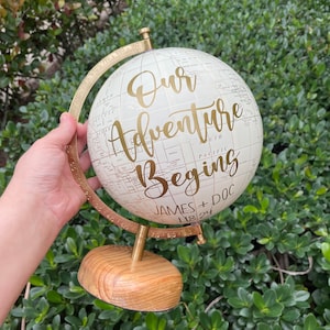 8&quot; Globe Guest Book Alternative for Wedding, Signing Globe, Our Adventure Begins, Custom Calligraphy Gold World Globe, Office Decor, White