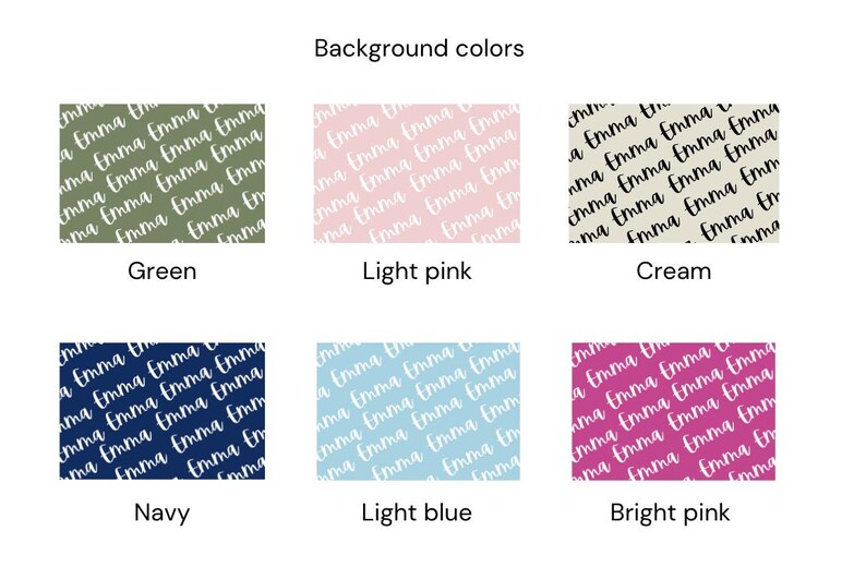 Peut inclure: Six &eacute;chantillons de couleurs montrant diff&eacute;rentes couleurs de fond pour un design personnalis&eacute;. Les couleurs sont le vert, le rose clair, la cr&egrave;me, le bleu marine, le bleu clair et le rose vif.