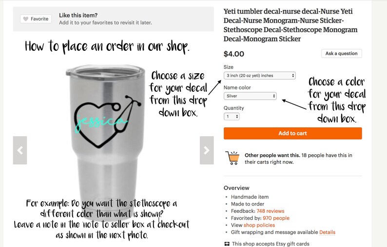May include: A stainless steel Yeti tumbler with a black and turquoise stethoscope and heart decal. The decal includes the name "Jessica". The product listing includes instructions on how to place an order, including choosing a size and color for the decal. The listing also includes information about the product, such as the fact that it is handmade and made to order.