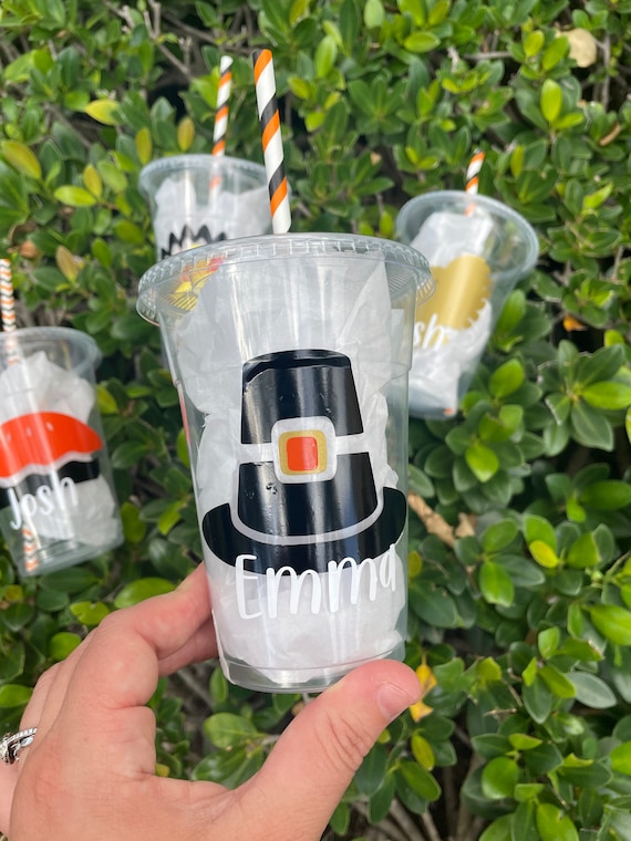 Kids Thanksgiving Cups Personalized, Thanksgiving Party Cups for Kids,  Plastic Cups With Lids and Straws, Friendsgiving Party Cups for Kids 