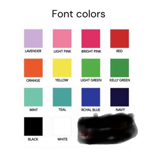 Peut inclure: Un tableau montrant 14 &eacute;chantillons de couleurs diff&eacute;rentes avec le nom de chaque couleur &eacute;crit en dessous. Les couleurs sont la lavande, le rose clair, le rose vif, le rouge, l'orange, le jaune, le vert clair, le vert kelly, la menthe, le sarcelle, le bleu royal, le marine, le noir et le blanc.