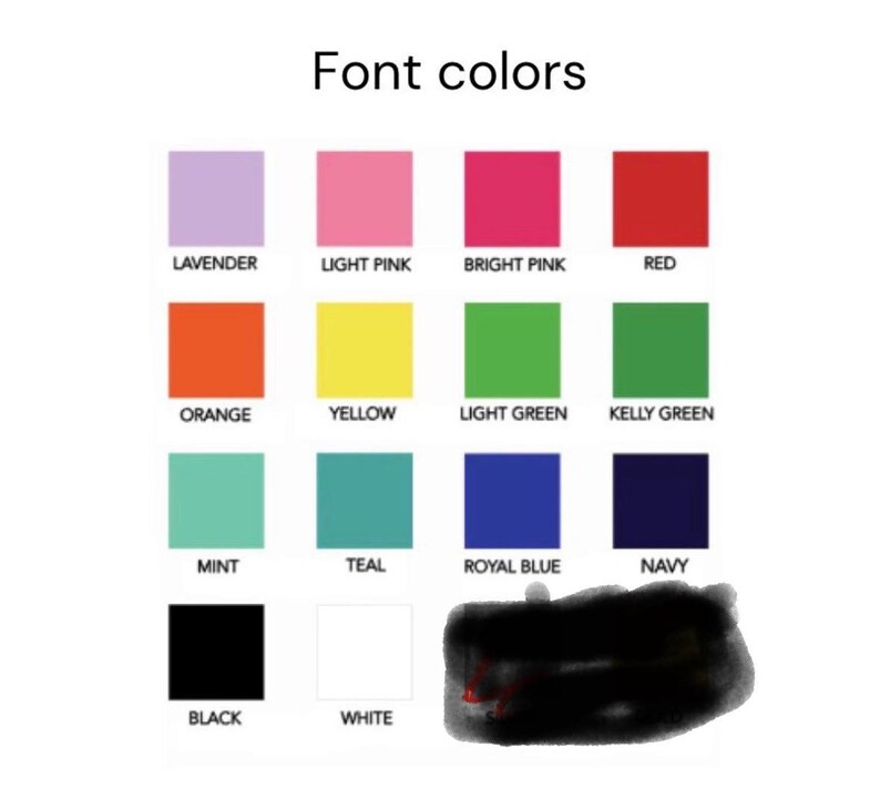 Peut inclure: Un tableau montrant 14 &eacute;chantillons de couleurs diff&eacute;rentes avec le nom de chaque couleur &eacute;crit en dessous. Les couleurs sont la lavande, le rose clair, le rose vif, le rouge, l'orange, le jaune, le vert clair, le vert kelly, la menthe, le sarcelle, le bleu royal, le marine, le noir et le blanc.