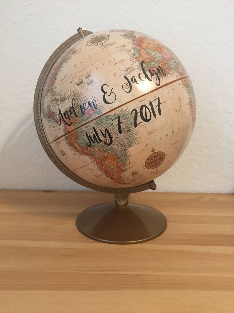 Customize Me Wedding Guestbook Globe, Custom globe, calligraphy globe, hand lettered globe, navy and gold globe, quote globe, guestbook afbeelding 1