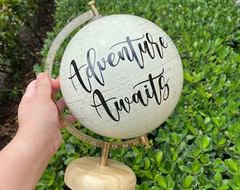 FREE SHIPPING, 8" Wedding Guestbook Globe, Custom globe, calligraphy globe, hand lettered globe,adventure awaits globe,white and gold, globe