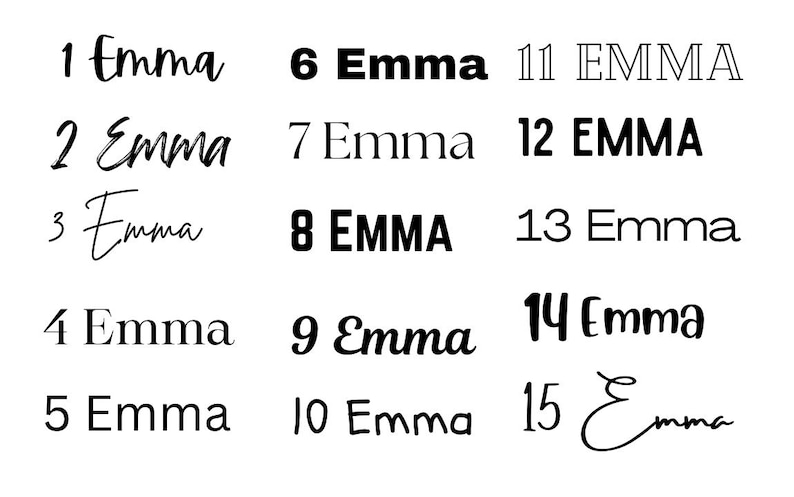 Peut inclure: Une collection de 15 fa&ccedil;ons diff&eacute;rentes d'&eacute;crire le nom "Emma". Le nom est &eacute;crit dans diff&eacute;rentes polices et styles, y compris en cursive, en gras et en majuscules.