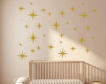 Mid Century Modern,Sparkly Starburst Vinyl Wall Decals, 1950s Atomic Age Style, Metallic Gold Sparkles, Starry Sky Nursery Decor- 60 stars