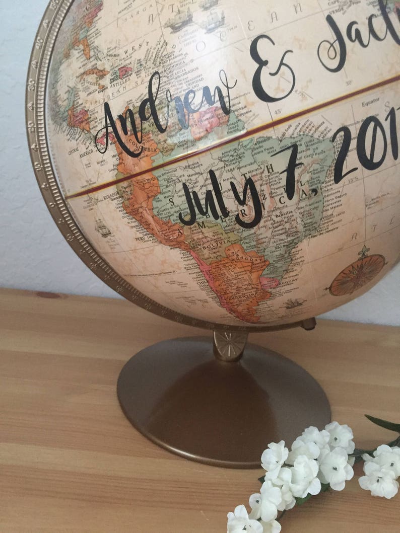 Customize Me Wedding Guestbook Globe, Custom globe, calligraphy globe, hand lettered globe, navy and gold globe, quote globe, guestbook afbeelding 2