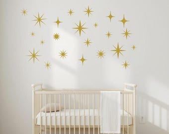 Mid Century Modern,Sparkly Starburst Vinyl Wall Decals, 1950s Atomic Age Style, Metallic Gold Sparkles, Starry Sky Nursery Decor- 80 stars