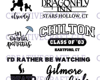 set of 5 gilmore girls svg cut files for cricut or other craft machines rory lorelai stars hollow chilton inomnia paratus logan