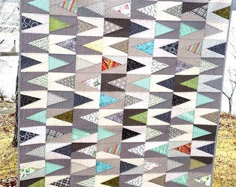 Modern Triangle Lap Quilt: Neutral Colors, Handmade Cotton Batting