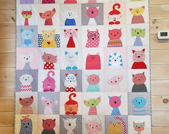 Kitty Quilt, Cat Quilt, Modern, Whimsical, Can be Personalized,  Made to Order, High Quality Quilt Fabrics, Free Shipping