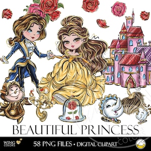Fantasy Belle Principessa e Principe Clip Art Grafica Digitale. Illustrazione Clipart disegnata a mano di principessa delle fiabe per bambini. Storia d'amore magica