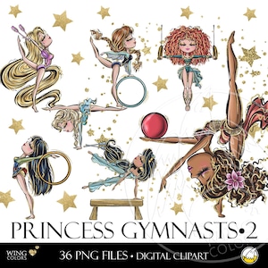 Princesse gymnastes Clip Arts. Filles de remise en forme, princesses gracieuses, gagnant des jeux olympiques bébé champion illustrations sportives dessinées à la main Clipart