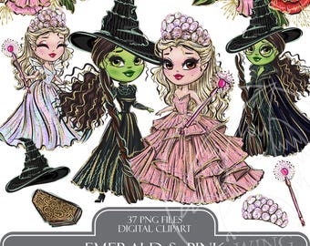 Wicked & Good Witch Digital Clip Art. Hand-Drawn Pink and Green Witch Halloween Illustration Clipart
