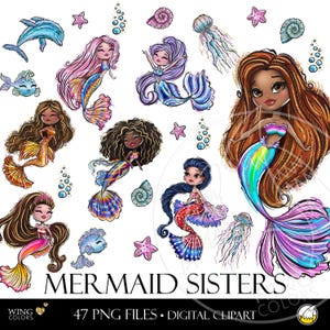 Simpatica piccola sirena principessa e sorelle clipart digitale. Ocean Queen of Underwater Kingdom illustrazioni clipart disegnate a mano per bambini