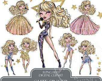 Super Star Singer Princess Digital Clipart. Hand-Drawn American Country Pop Star Blonde Diva Sublimation