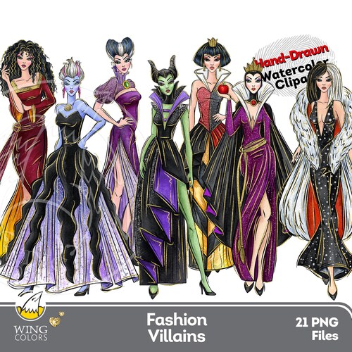 Fashion Villain Queen Watercolor Clipart: Wicked Fairy Haute Couture, Hand-Drawn Glamour Antagonist Fashion Illustration