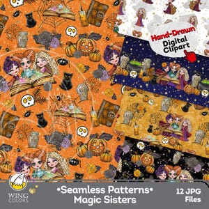 Magic Witch Sisters Halloween Seamless Pattern: Hand-Drawn Spooky Chibi Witch Backgrounds, Witchy Vibes Designs