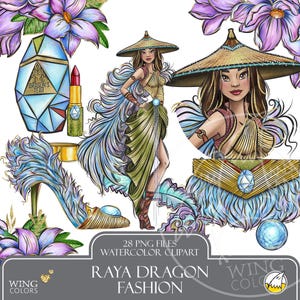 Dragon Princess Raya Watercolor Clipart: Warrior Girl Accessories Hand-Painted Evening Gown Fashion Sketch Illustration
