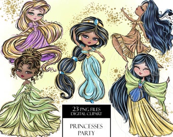 Princesses dance party digital clipart PNG. Beautiful girl party. Ball outfits for cute princesses. Digital art print, sublimation print PNG