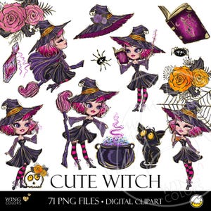 Mignon petite sorcière Halloween Clip Art Set : ambiance de sorcière et fleurs d'automne. Images clipart numérique dessinés à la main d'objets magiques effrayants et livre de sorts de potions