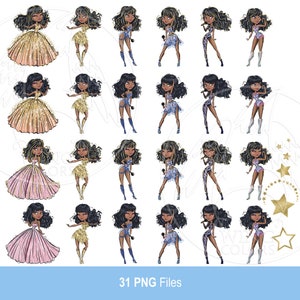 African-american super star singer girl. Digital clipart PNG. Glamour beautiful girls. Digital art, sublimation print, hand painted graphic image 2