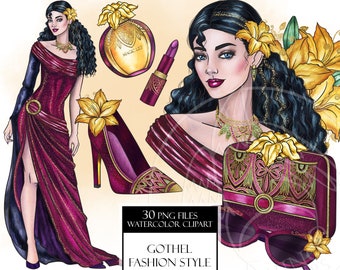 Watercolor Fashion Villain clipart PNG. Mother Gothel inspiration fashion style. Glamour Luxury Diva. Fashion girl hand painted clip art PNG